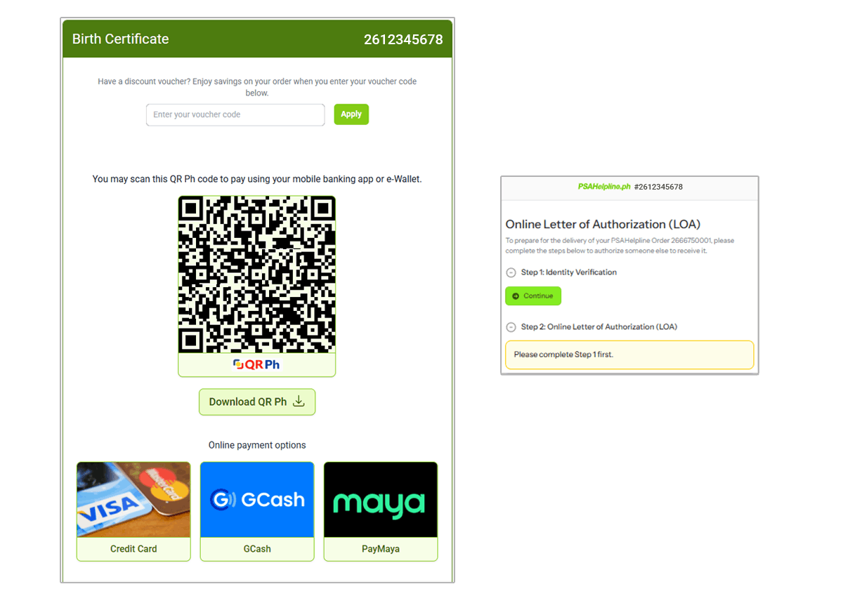 An online payment screen showing a QR Ph code, e-wallet options, and steps to complete an Online Letter of Authorization.